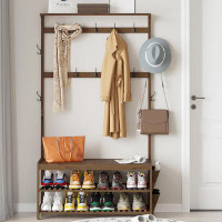 Latitude Run® 6-in-1 Coat Rack Shoe Bench with Cloth Bag Storage Bench with 14 Coat Hooks,  Brown_70.8" H x 39.3" W x 15