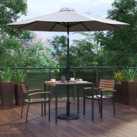 Red Barrel Studio Abdul-Hadi 35" Square Faux Teak Patio Table, 2 Chairs and 9FT Patio Umbrella with Base