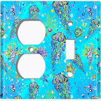 WorldAcc Metal Light Switch Plate Outlet Cover (Jelly Fish Teal Coral Reef - (L) Single Duplex / (R) Single Toggle)