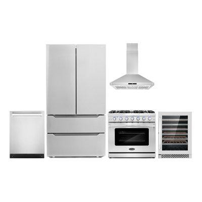 Cosmo 5 Piece Kitchen Package with 36" Freestanding Gas Range  36" Under Cabinet Mount 24" Built-in Fully Integrated Dis in Refrigerators