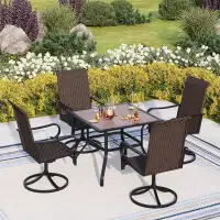 Lark Manor Aidana 5-pieces Patio Metal Dining Set Square Dining Table With Wood-look Pvc Tabletop 4 High Backrest Swivel