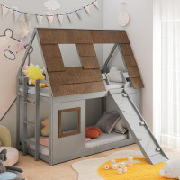 Harper Orchard Cozy Wood Twin House Bunk Bed with Ladder, Window Roof Shape Design & Climbing Ramp - Brown + Grey