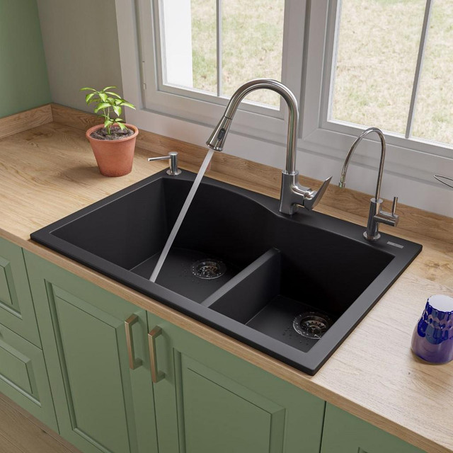 33x22 Double Bowl Drop In - Top Mount Granite Composite Kitchen Sink (70/30) 5 Finishes, Low Profile 36 in Cabinet  ATC in Plumbing, Sinks, Toilets & Showers - Image 3