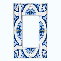 WorldAcc Metal Light Switch Plate Outlet Cover (Blue Teal Damask Tile Leaves White  - Single Rocker)