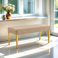 Mercer41 Cream Velvet Upholstered Dining Bench With Polished Gold Metal Legs