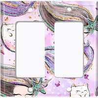 WorldAcc Metal Light Switch Plate Outlet Cover (Mermaid Cat Pink - Double Rocker)
