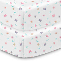 BreathableBaby Cotton Percale Fitted Sheet, For 52" x 28" Crib & Toddler Bed Mattress, Butterflies (2-Pack)