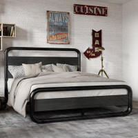 17 Stories Metal Bed With Round Tubes And Double Board Headboard