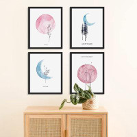 SIGNLEADER Pastel Pink And Blue Watercolor Moon Forest Plants Framed On Paper 4 Pieces Print