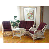 Bay Isle Home™ Malibu Lounge Set of 4: 2 Natural Rattan Wicker Chairs Loveseat and Coffee Table w/Glass, White Wash