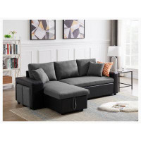 Ebern Designs Linen Reversible Sleeper Sectional Sofa with storage and 2 stools Steel