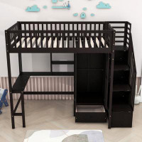 Harriet Bee Idalina 1 Drawer Wood Loft Bed with Built-in-Desk, Shelves and Wardrobe