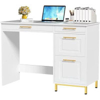 Everly Quinn Everly Quinn White Computer Desk With Drawer, White And Gold Desk, Home Office Desk For Small Space, White