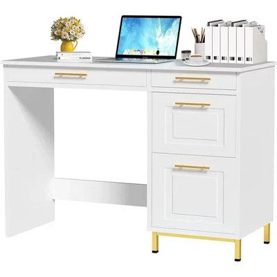 Everly Quinn Everly Quinn White Computer Desk With Drawer, White And Gold Desk, Home Office Desk For Small Space, White in Desks