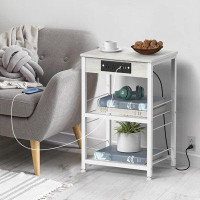 Ebern Designs 3 Tier Side Table Metal Mesh Shelf Shelf Bedside Cabinet With Chargers With Footrest White