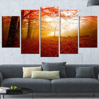 Made in Canada - Design Art Yellow Sun Rays in Red Forest - 5 Piece Wrapped Canvas Graphic Art Print Set