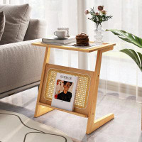 Bay Isle Home™ Bay Isle Home™ Z-shaped End Table Glass Top Bamboo Side Table W/ Magazine Rack & Rattan Shelf