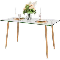 Mercer41 Mercer41 51" Glass Dining Table, Modern Rectangular Table With Tempered Glass Tabletop & Wood Grain Steel Legs,