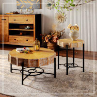17 Stories 31.5 "Vintage Patchwork Lace Shape Coffee Table With Natural Pine Grain Table Top And Dimpled Metal Cross Leg