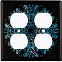 WorldAcc Metal Light Switch Plate Outlet Cover (Teal Frost Snowflake Mandala Black  - Double Duplex)