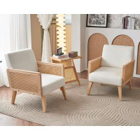 Wade Logan Rattan Chair, 2 Piece Chair Set- Double Chair Set With Rattan Armrest For Living Room, Velvet White Comfy Cha