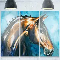 Design Art 'Brown Horse on Blue Watercolor' 3 Piece Painting Print on Metal Set