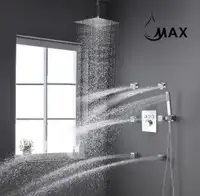 Ceiling Thermostatic Shower System Three Function Handheld With 6 Body Jets and Valve Chrome Finish