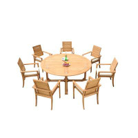 Teak Smith Grade-A Teak Dining Set: 72" Round Table And 7 Algrave Stacking Arm Chairs