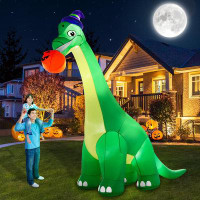 The Holiday Aisle® 13FT Giant Dinosaur Halloween Inflatable Decorations, Bite Pumpkin With Witch Hat Build-In LED Lights