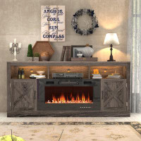 Gracie Oaks Farmhouse Fireplace Tv Stand For 78 Inch Tv With 36”Electric Fireplace & Led Light, 70”Media Console With Ba