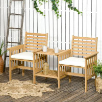 Winston Porter Winston Porter Outdoor Wood Loveseat With Middle Table, Garden Table And Chairs Set With Cushions And Umb
