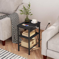 17 Stories End Table With Charging Station And USB Ports, 3-Tier Nightstand With Adjustable Shelf, Narrow Side Table For