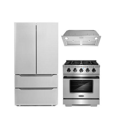 Cosmo 3 Piece Kitchen Package With 30" Freestanding Gas Range With Custom Handle And Knob Kit 30" Insert Range Hood 36"  in Refrigerators
