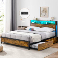 Ivy Bronx Haelyn Platform Storage Bed, King Size LED Bed Frame with Bookcase Headboard and 4 Storage Drawers