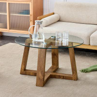 Millwood Pines Modern Practical Circular Coffee And Tea Table With Transparent Tempered Glass Tabletop And Wood Coloured