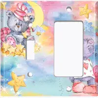 WorldAcc Metal Light Switch Plate Outlet Cover (Two Teddy Bears Sleepy Dreams Colourful - (L) Single Toggle / (R) Single