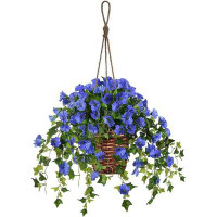 Primrue Artificial Hanging Flowers in Basket , Fake Silk Hanging Basket Morning Glories Flowers Plants