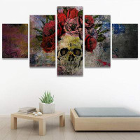 IDEA4WALL Human Skull With Roses Flowers Abstract Plants 5 Pieces