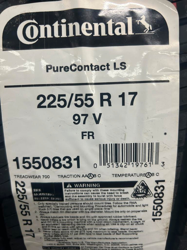 4 Brand New Continental Pure Contact LS 225/55R17 tires. All Season tires $70 REBATE!!! *** WallToWallTires.com *** in Tires & Rims in Ottawa / Gatineau Area