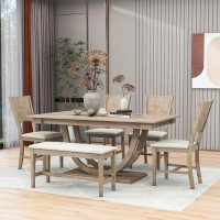 Red Barrel Studio 6-Piece Wood Dining Table Set, Kitchen Table Set with Bench and 4 Dining Chairs
