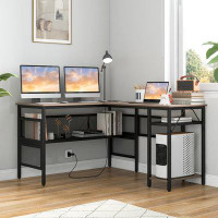 17 Stories 17 Storeys L Shaped Desk With Charging Station 55” Reversible Corner Computer Desk With Mesh Storage Shelves