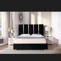 Everly Quinn Queen Size,Upholstered Bed,Solid Wood Frame, High-density Foam, Gold Metal Leg