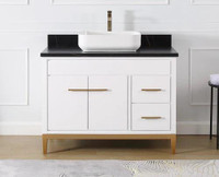 36, 42, 48 & 60 Inch White Finished Vanity with St Laurent Black Sintered Stone Top - Quartz Top w Vessel or NO Top