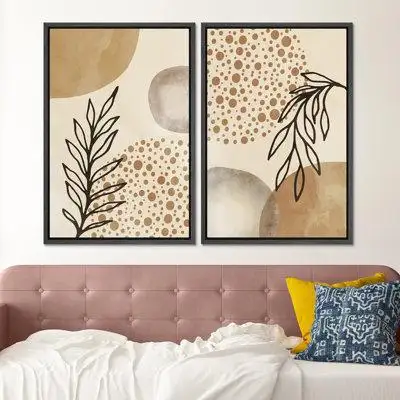 wall26 Mid-Century Forest Plant Leaf Gold Circles Abstract Shapes Modern Art Wall Decor Artwork Bohemian