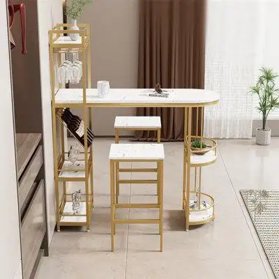 Mercer41 Modern 3-Piece White Kitchen Bar Table And Chairs Set With Gold Accents And Storage Features