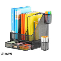 SR-HOME 3 Vertical Compartments Magazine File Holder With Drawer And 2 Pen Holders, Mesh Desktop File Folder, Rack File