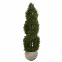 Primrue 4’ Double Pond Cypress Spiral Artificial Tree In Sand Coloured Planter UV Resistant (Indoor/Outdoor)