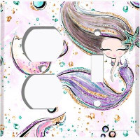 WorldAcc Metal Light Switch Plate Outlet Cover (Mermaid Cat - (L) Single Duplex / (R) Single Toggle)