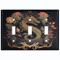 WorldAcc Metal Light Switch Plate Outlet Cover (Rustic Dragon Flower Crest  - Triple Toggle)