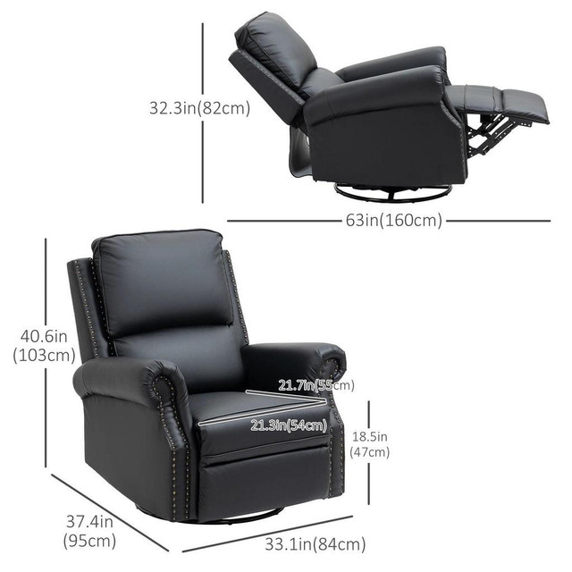 MANUAL RECLINER CHAIR 360° SWIVEL ROCKING ARMCHAIR SOFA WITH PU LEATHER PADDED CUSHION AND BACKREST FOR LIVING ROOM BLAC in Chairs & Recliners - Image 3